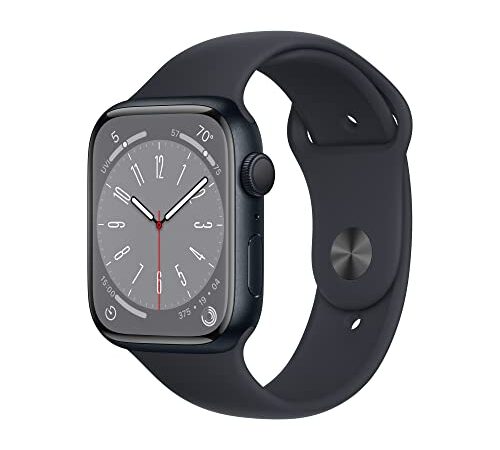 Apple Watch Series 8 GPSモデル、45mmケース ミッドナイトアルミニウムケースとミッドナイトスポーツバンド レギュラーを組み合わせたスマートウォッチ。フィットネストラッカー、血中酸素ウェルネスアプリと心電図アプリ、常時表示Retinaディスプレイ、耐水性能